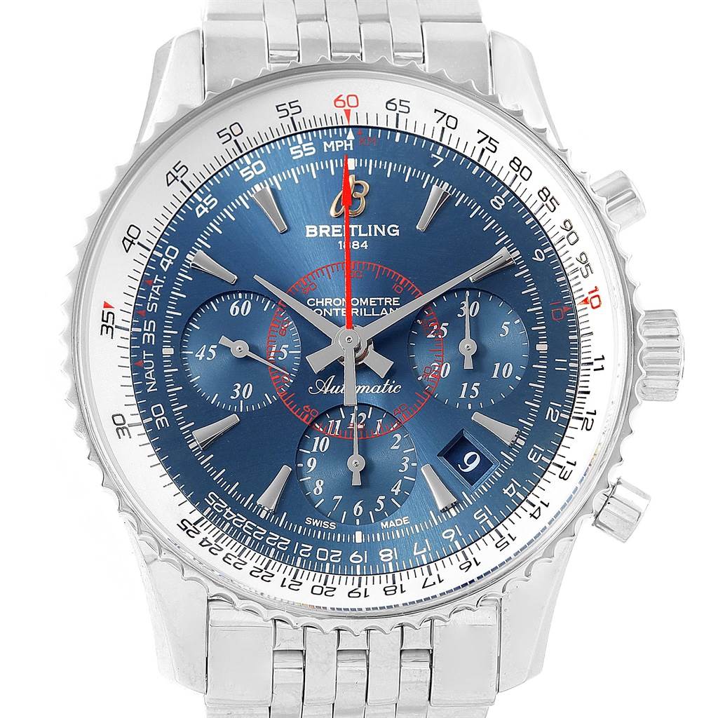The image shows a close-up view of the face and bezel of a Breitling Navitimer AB0130 Men
s Stainless Steel Blue Dial AB0130 Men
s Stainless Steel Blue Dial watch, featuring a blue dial with multiple subdials and a stainless steel bracelet.