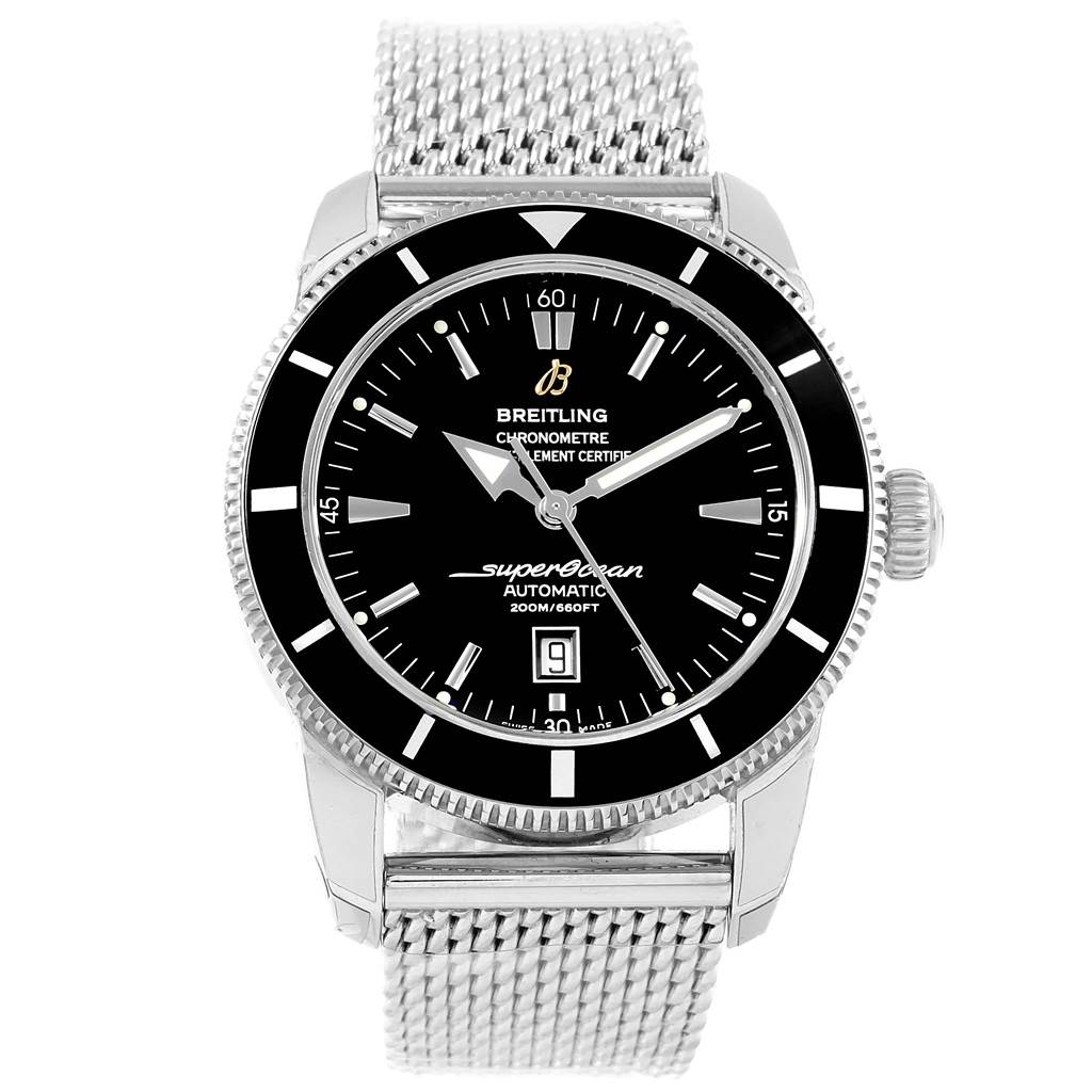 The image shows a front view of a Breitling Navitimer A17320 Men
s Stainless Steel Black Dial A17320 Men
s Stainless Steel Black Dial watch with a black dial, silver bezel, and a stainless steel mesh band.