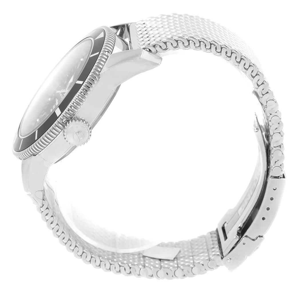 The image shows a side view of the Breitling Navitimer A17320 Men
s Stainless Steel Black Dial A17320 Men
s Stainless Steel Black Dial watch, highlighting its bezel, crown, and wristband.