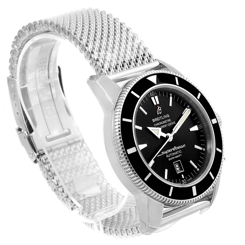 The image shows a side view of a Breitling Navitimer A17320 Men
s Stainless Steel Black Dial A17320 Men
s Stainless Steel Black Dial watch, detailing its face, bezel, and mesh strap.