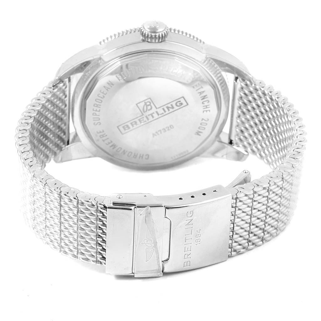 The image shows the back case and mesh bracelet of a Breitling Navitimer A17320 Men
s Stainless Steel Black Dial A17320 Men
s Stainless Steel Black Dial watch, including the clasp with the Breitling logo.