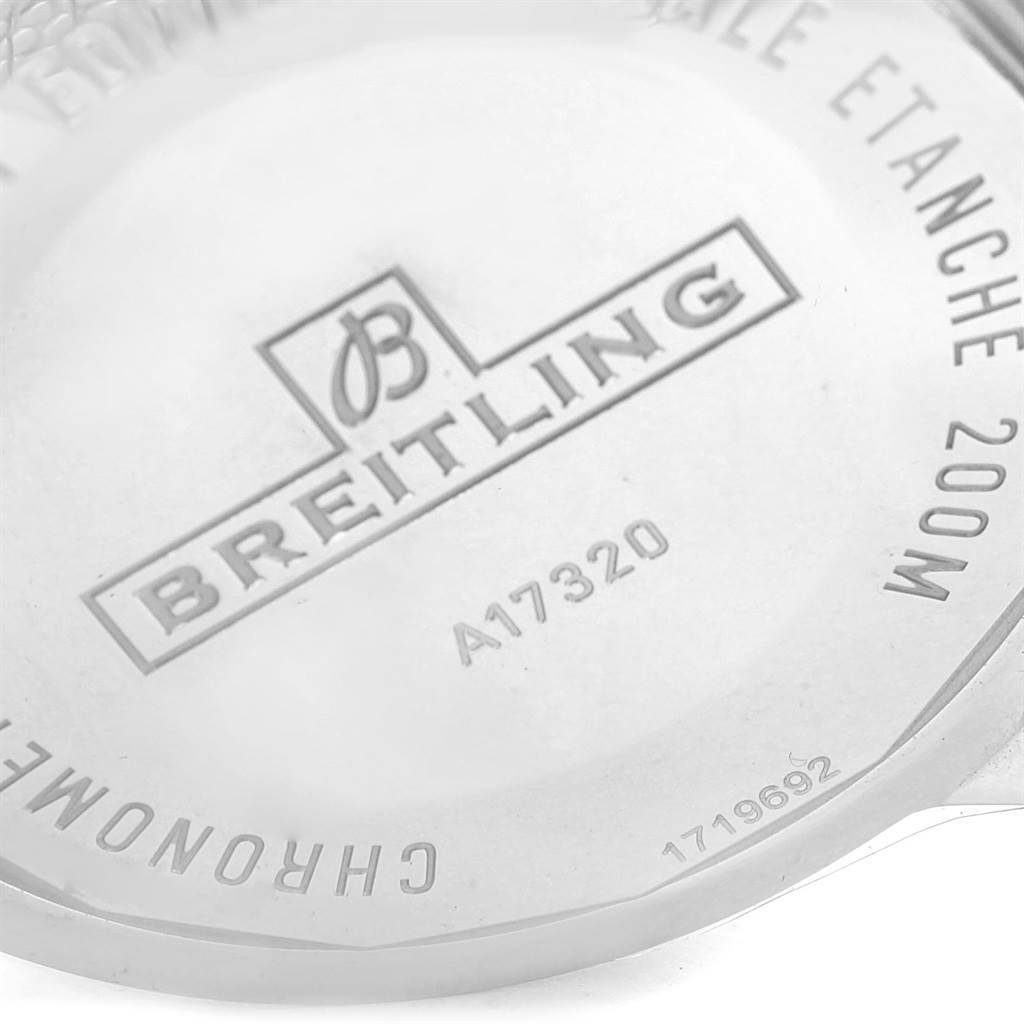 This image shows the case back of a Breitling Navitimer A17320 Men
s Stainless Steel Black Dial A17320 Men
s Stainless Steel Black Dial watch, highlighting the engraved branding and model number.