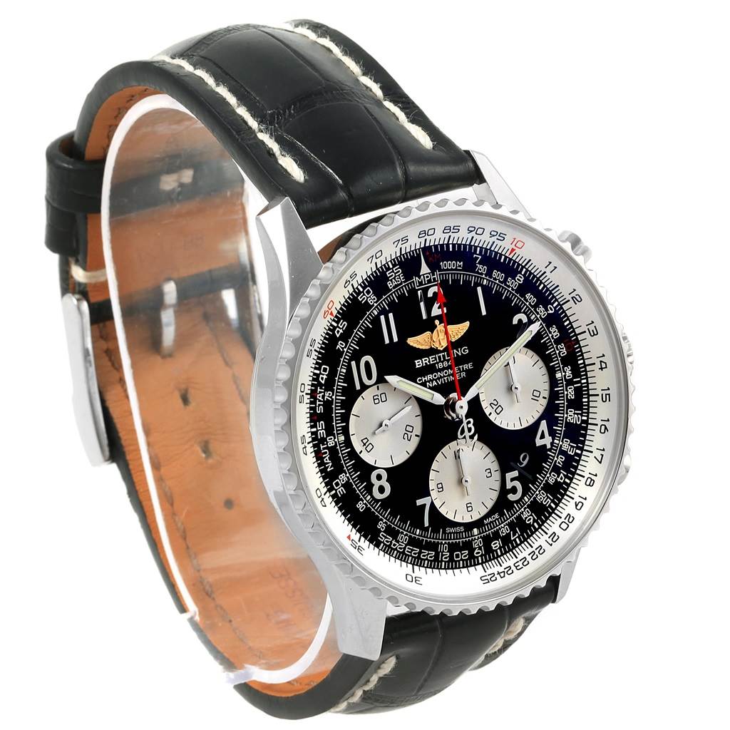 The Breitling Navitimer AB0120 Men's Stainless Steel Black Dial AB0120 Men's Stainless Steel Black Dial watch is shown at a three-quarter angle, displaying the face, bezel, chronograph sub-dials, and leather strap.