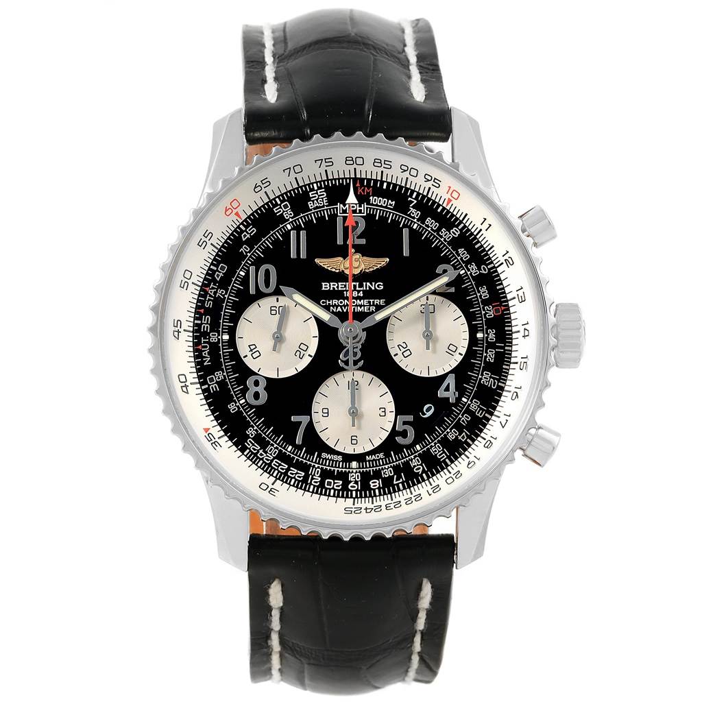 The Breitling Navitimer AB0120 Men's Stainless Steel Black Dial AB0120 Men's Stainless Steel Black Dial watch is shown from a top-down angle, displaying its black dial, three subdials, and black leather strap.