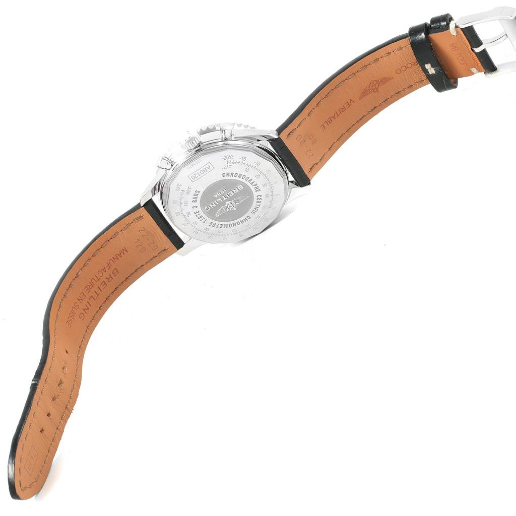 The image shows the back case and leather strap of a Breitling Navitimer AB0120 Men's Stainless Steel Black Dial AB0120 Men's Stainless Steel Black Dial watch from an angled perspective.