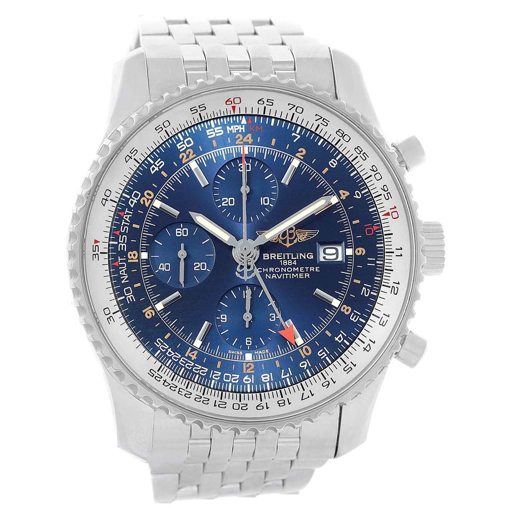 The Breitling Navitimer A24322 Men
s Stainless Steel Blue Dial A24322 Men
s Stainless Steel Blue Dial watch is shown from the front, highlighting the dial, bezel, and bracelet.