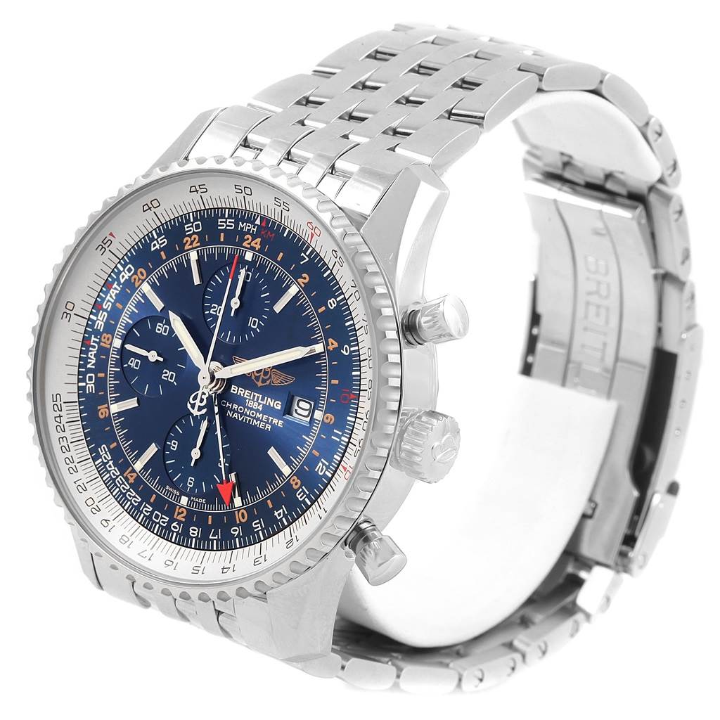 The Breitling Navitimer A24322 Men
s Stainless Steel Blue Dial A24322 Men
s Stainless Steel Blue Dial watch is shown at an angle displaying the face, bezel, crown, chronograph pushers, and metal bracelet.