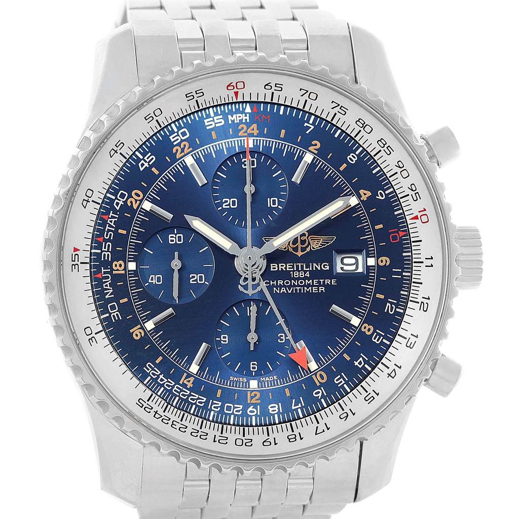 This image shows a front view of the Breitling Navitimer A24322 Men
s Stainless Steel Blue Dial A24322 Men
s Stainless Steel Blue Dial watch, displaying its dial and bracelet in detail.