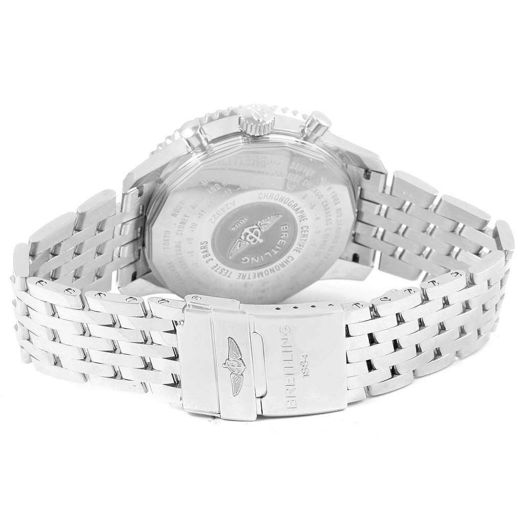 The image shows the back and clasp of a Breitling Navitimer A24322 Men
s Stainless Steel Blue Dial A24322 Men
s Stainless Steel Blue Dial watch at an angle, displaying the case back and metal bracelet.