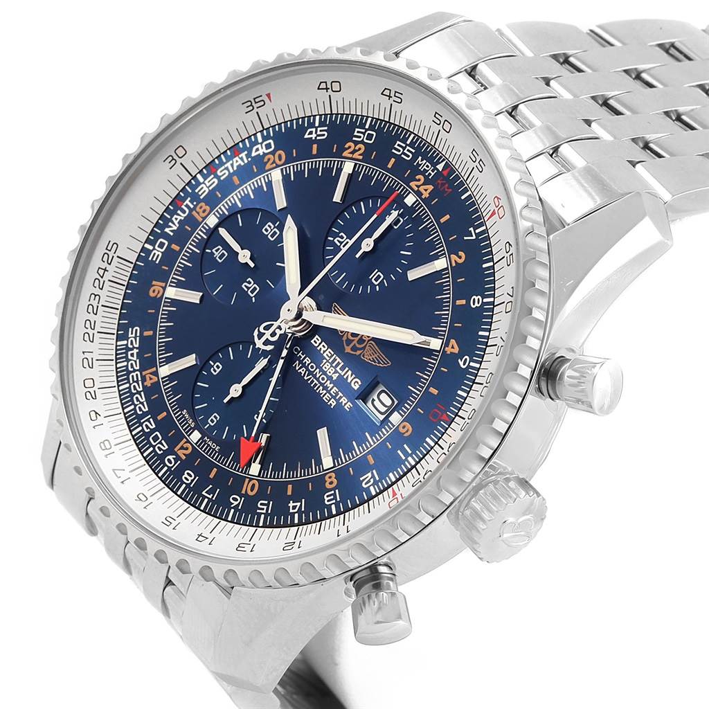 The image shows a Breitling Navitimer A24322 Men
s Stainless Steel Blue Dial A24322 Men
s Stainless Steel Blue Dial watch angled from the front, highlighting its blue dial, bezel, crown, and stainless steel bracelet.