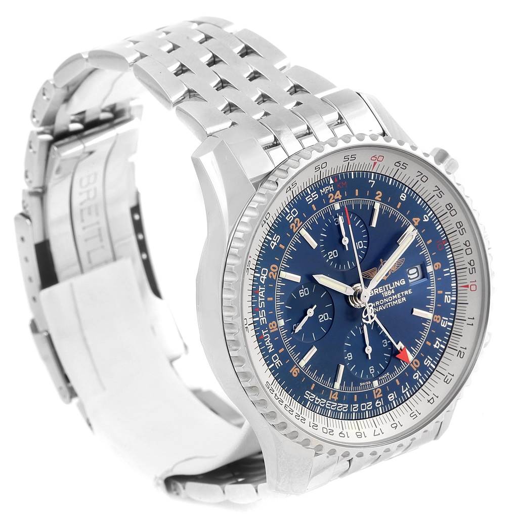The image shows a Breitling Navitimer A24322 Men
s Stainless Steel Blue Dial A24322 Men
s Stainless Steel Blue Dial watch at an angled view, displaying the dial, bezel, crown, and bracelet.