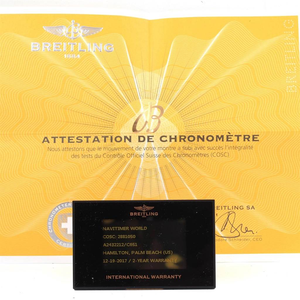 This image shows the international warranty card and chronometer attestation for the Navitimer model by Breitling.