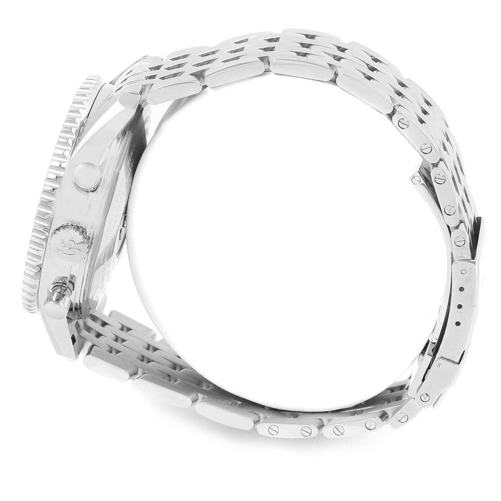 Side view of the Breitling Navitimer A24322 Men
s Stainless Steel Blue Dial A24322 Men
s Stainless Steel Blue Dial watch showing the bezel, crown, pushers, and metal strap.