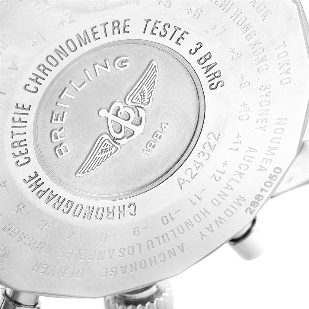 This image shows the back case of a Breitling Navitimer A24322 Men
s Stainless Steel Blue Dial A24322 Men
s Stainless Steel Blue Dial watch, displaying the brand and model engravings.