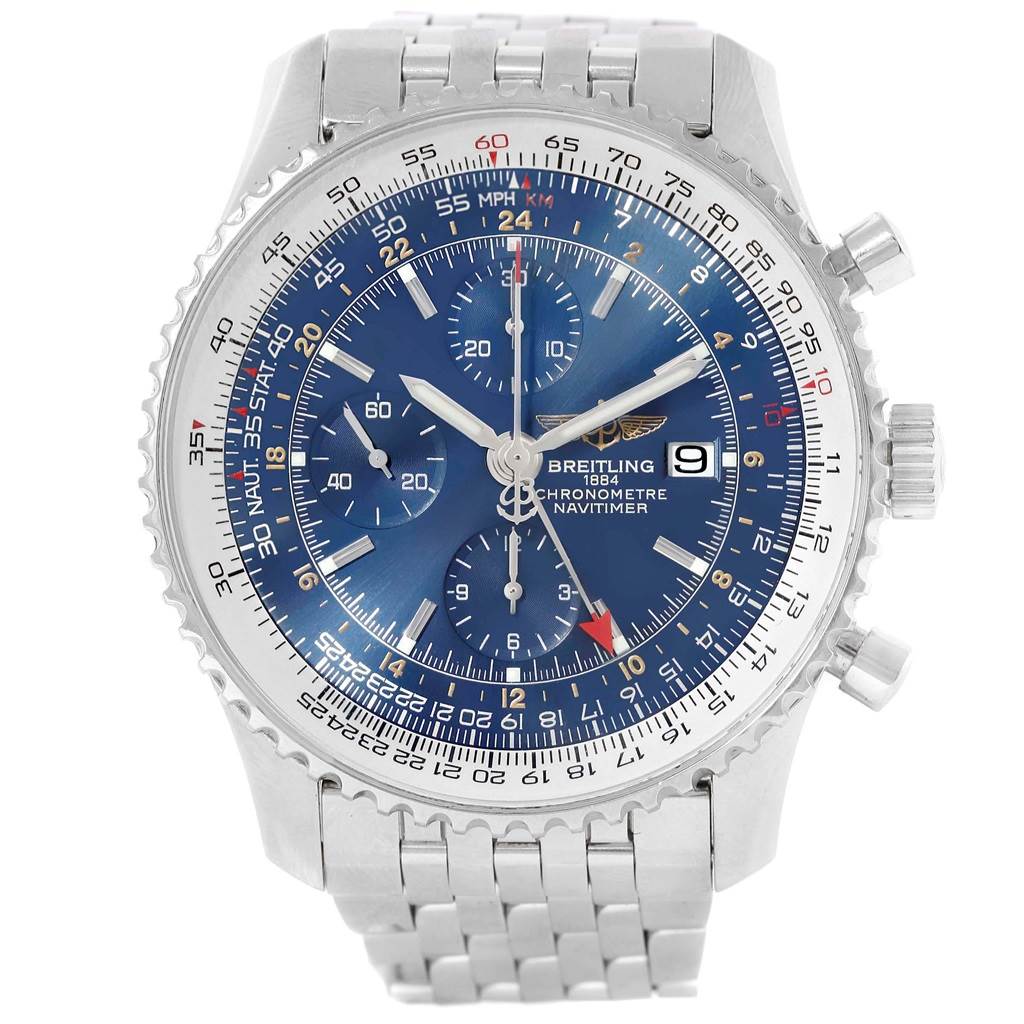 The image displays a front view of a Breitling Navitimer A24322 Men's Stainless Steel Blue Dial A24322 Men's Stainless Steel Blue Dial watch, showcasing its blue dial, chronograph features, and stainless steel bracelet.