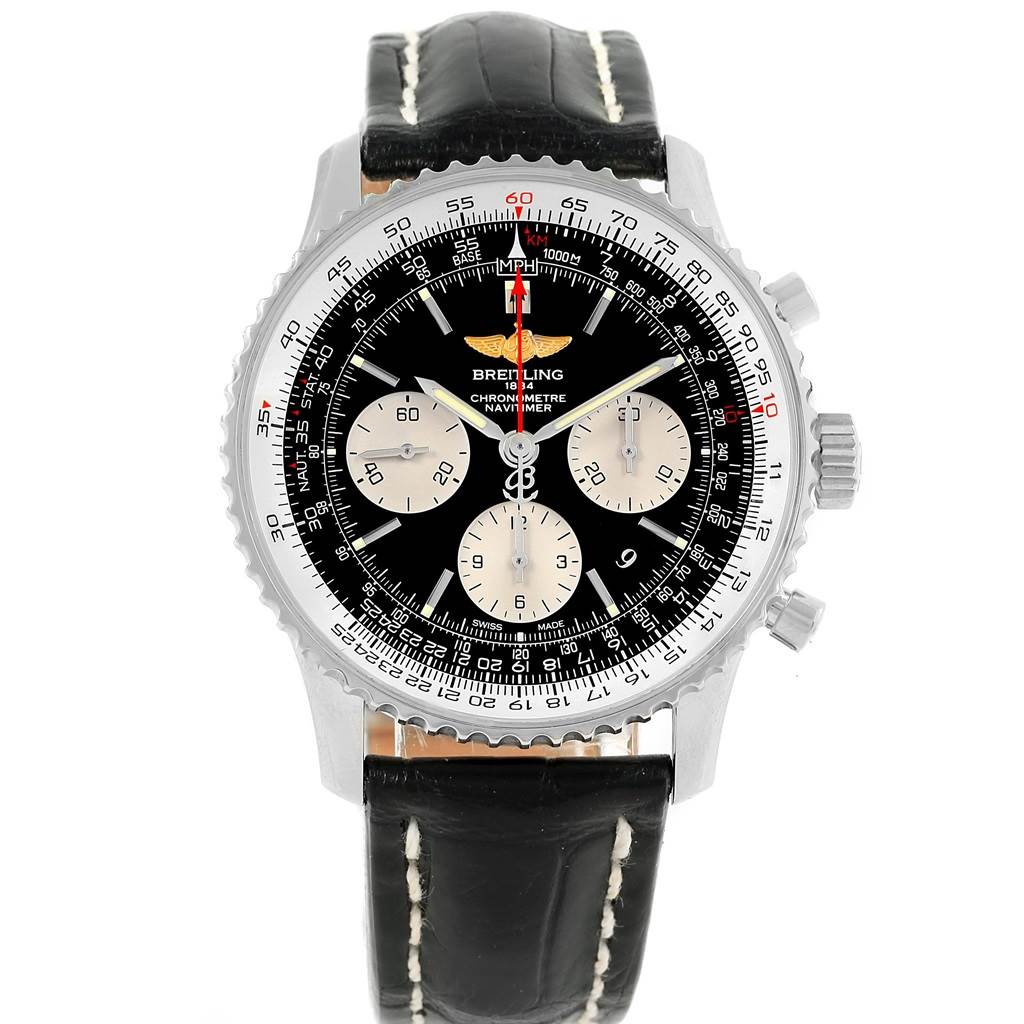 The image shows a front view of a Breitling Navitimer AB0120 Stainless Steel Black Dial AB0120 Stainless Steel Black Dial watch, highlighting its face, bezel, and strap.