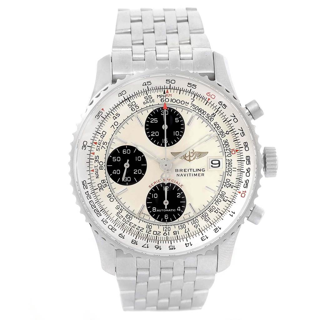 The image shows a front view of the Breitling Navitimer A13330 Men's Stainless Steel Silver Dial A13330 Men's Stainless Steel Silver Dial watch, displaying its dial, sub-dials, bezel, and stainless steel bracelet.
