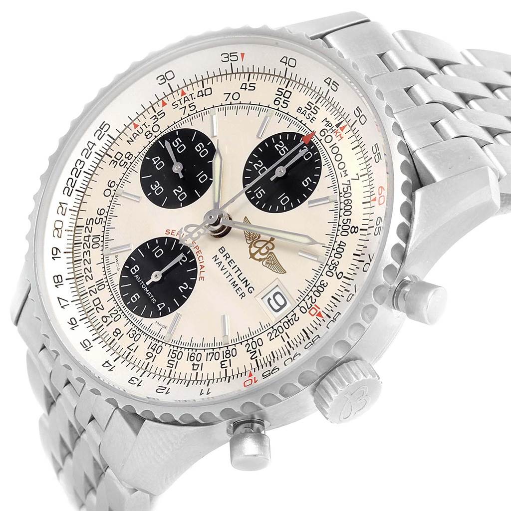 The image shows a Breitling Navitimer A13330 Men's Stainless Steel Silver Dial A13330 Men's Stainless Steel Silver Dial watch at a three-quarter angle, displaying the face, bracelet, and three pushers on the side.