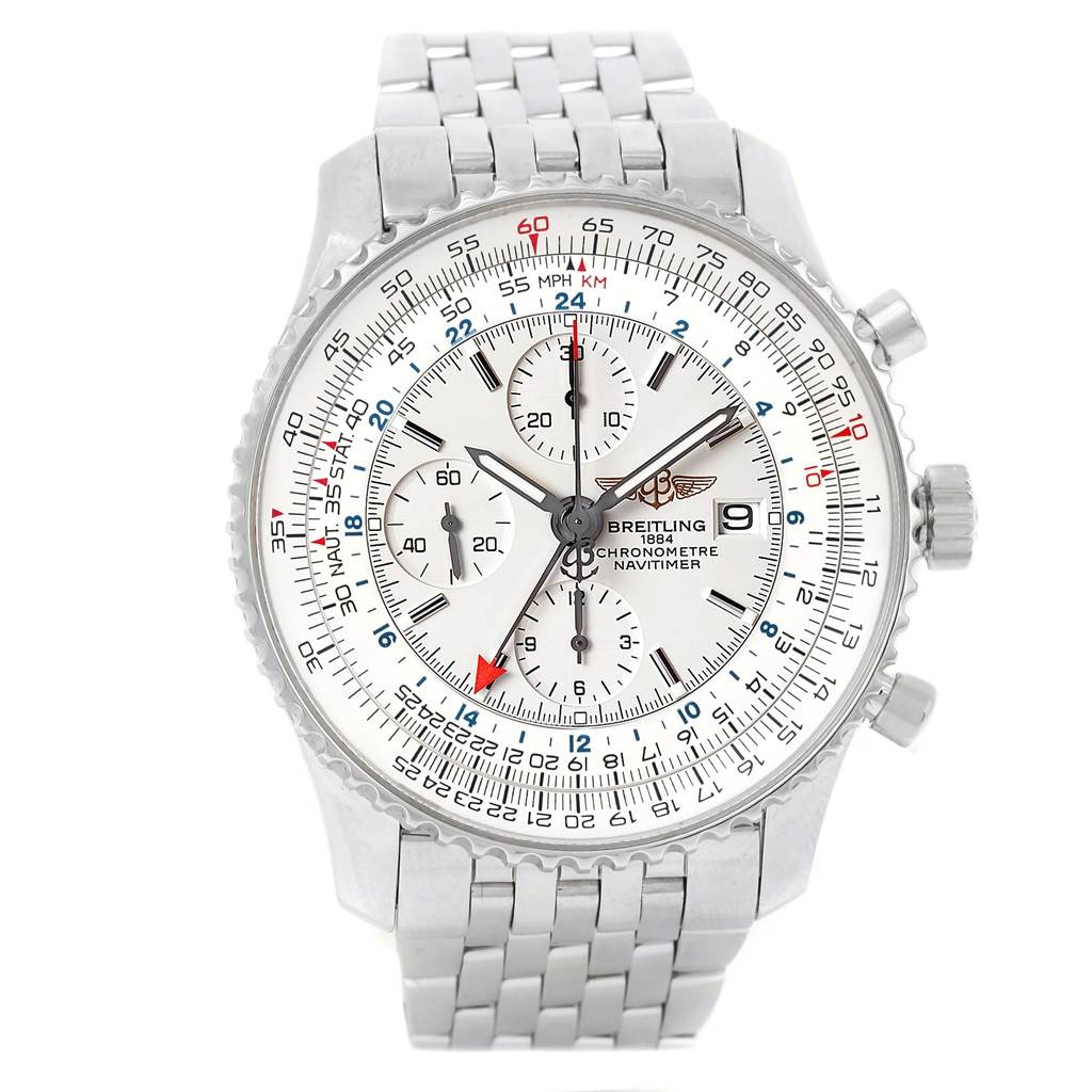 This image shows a close-up, front view of a Breitling Navitimer A24322 Men's Stainless Steel Silver Dial A24322 Men's Stainless Steel Silver Dial watch face, bezel, and part of the metal bracelet.