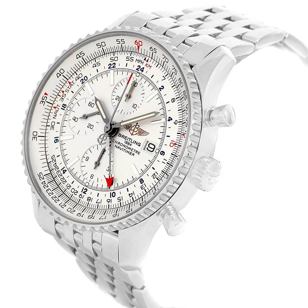 This image shows a close-up, three-quarter view of a Breitling Navitimer A24322 Men's Stainless Steel Silver Dial A24322 Men's Stainless Steel Silver Dial watch face and partial metal bracelet.