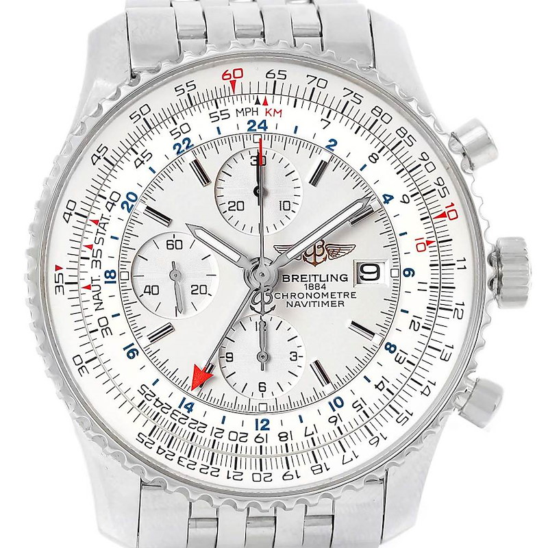 Breitling Navitimer World Silver Dial Steel Watch A24322 Box Papers SwissWatchExpo