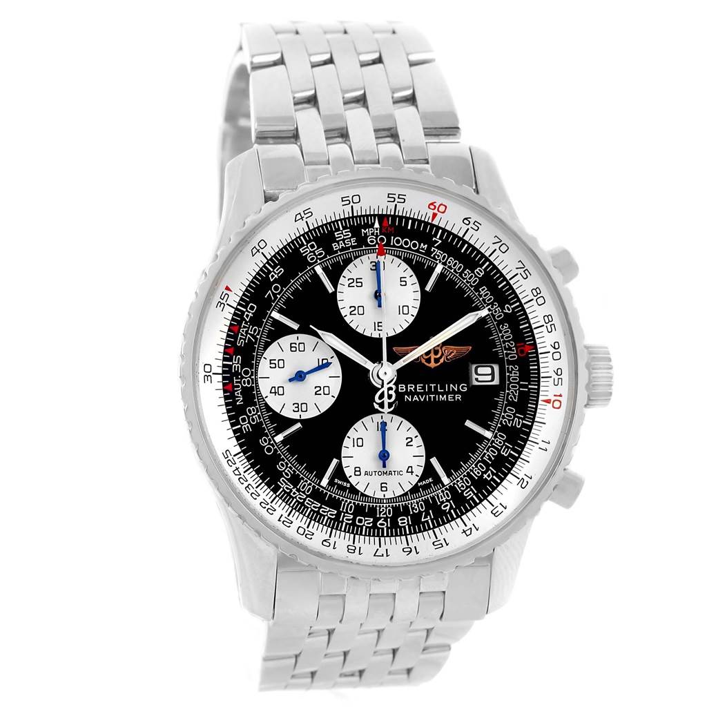 The image shows a front view of the Breitling Navitimer A13322 Men
s Stainless Steel Black Dial A13322 Men
s Stainless Steel Black Dial watch, displaying its face, bezel, crown, and bracelet.