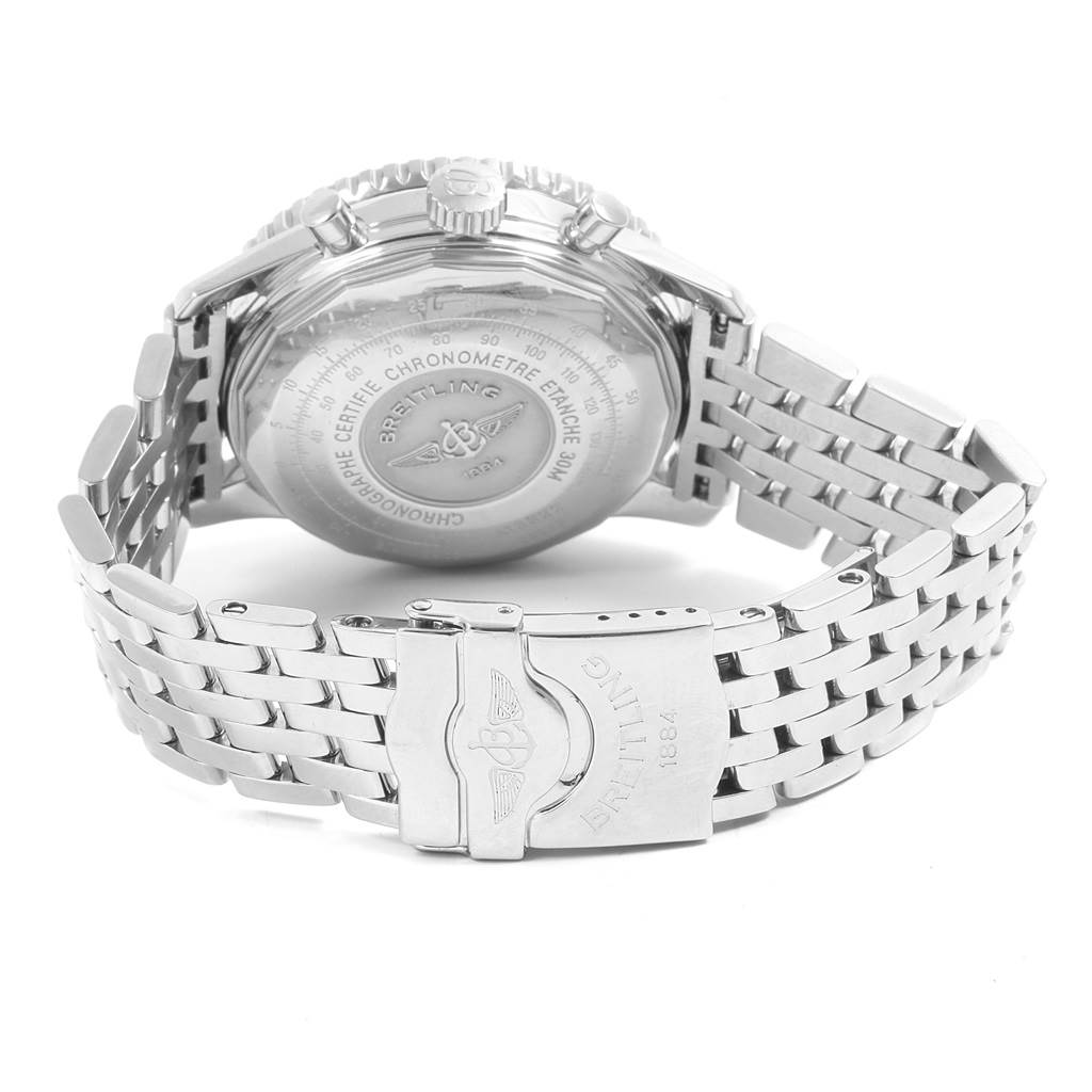 The image shows the back case and bracelet of a Breitling Navitimer A13322 Men
s Stainless Steel Black Dial A13322 Men
s Stainless Steel Black Dial watch, highlighting the clasp and engraved case back.