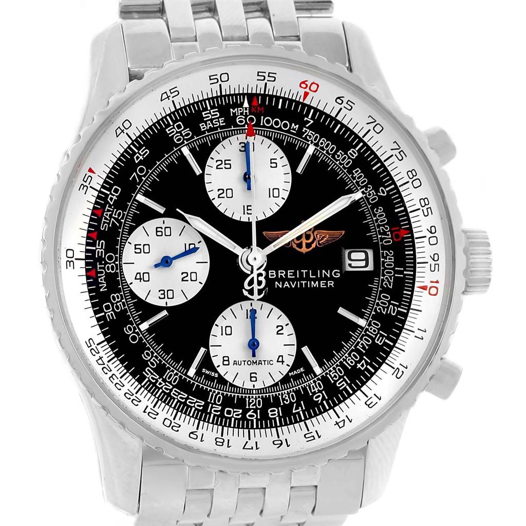 The Breitling Navitimer A13322 Men
s Stainless Steel Black Dial A13322 Men
s Stainless Steel Black Dial watch is shown from a front angle, highlighting its dial, bezel, sub-dials, and bracelet.