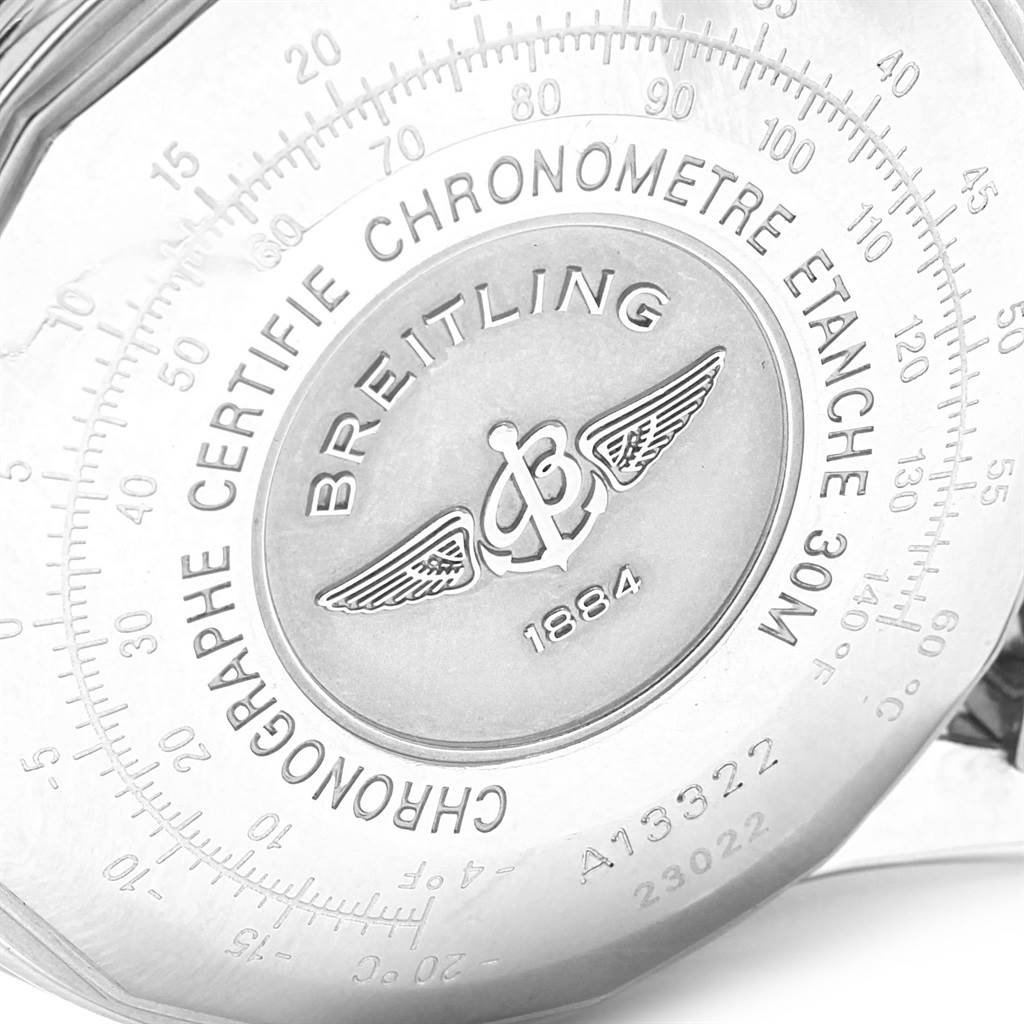 This image shows the back case of a Breitling Navitimer A13322 Men
s Stainless Steel Black Dial A13322 Men
s Stainless Steel Black Dial watch, highlighting the engravings and logo.