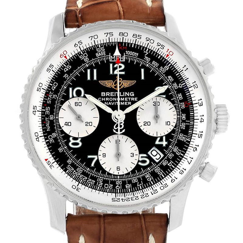 Breitling Navitimer Chronograph Black Dial Brown Strap Watch A23322 SwissWatchExpo