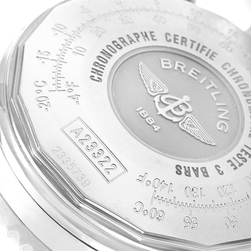 The image shows the back of a Breitling Navitimer A23322 Men's Stainless Steel Silver Dial A23322 Men's Stainless Steel Silver Dial watch, highlighting the model number and engraved details.