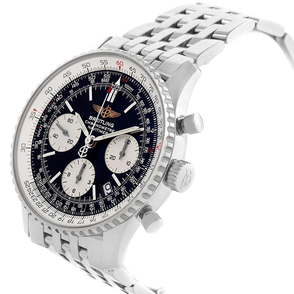 The image shows a Breitling Navitimer A23322 Men's Stainless Steel Silver Dial A23322 Men's Stainless Steel Silver Dial watch at a three-quarter angle, highlighting the dial, bezel, crown, pushers, and bracelet.