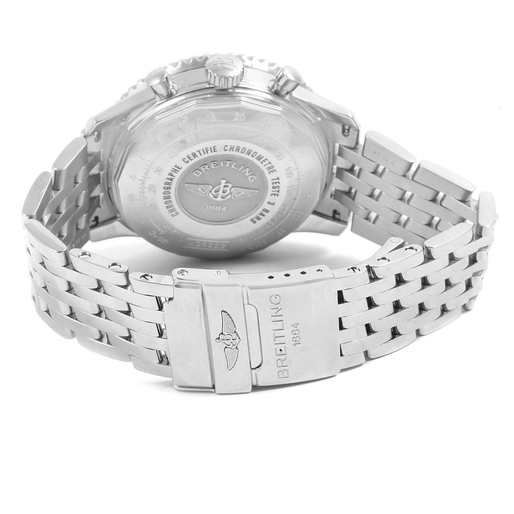 The image shows the back and clasp of the Breitling Navitimer A23322 Men's Stainless Steel Silver Dial A23322 Men's Stainless Steel Silver Dial watch, focusing on the bracelet and case back.