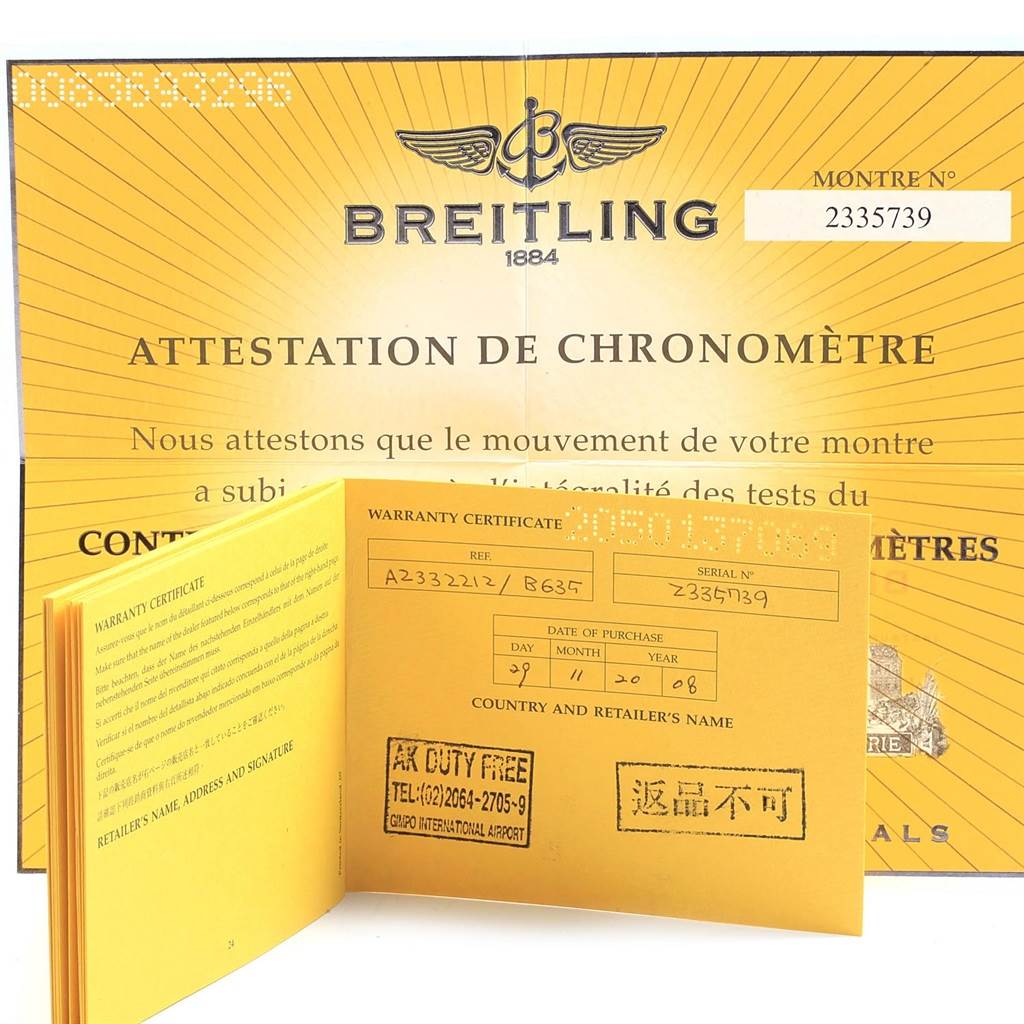 The image shows the warranty certificate and chronometer attestation for a Breitling Navitimer A23322 Men's Stainless Steel Silver Dial A23322 Men's Stainless Steel Silver Dial model.