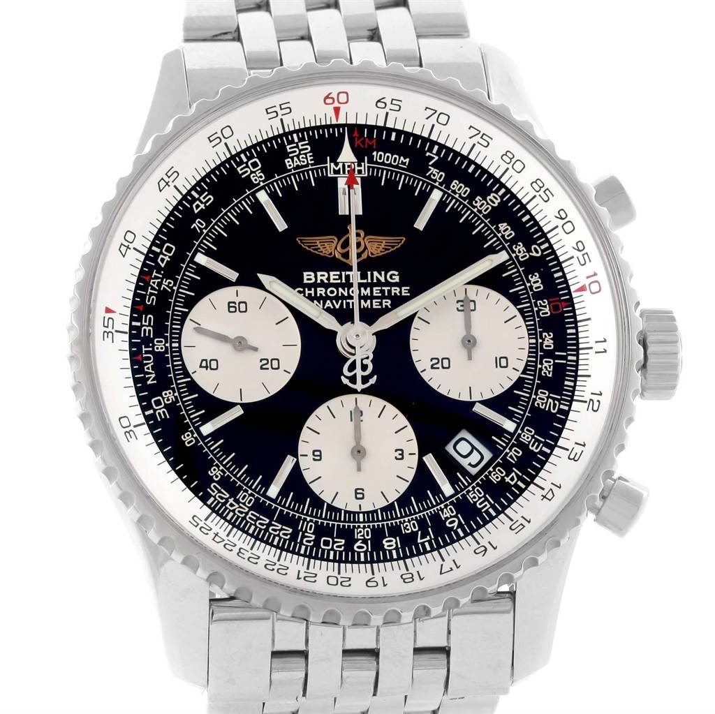 This image shows a Breitling Navitimer A23322 Men's Stainless Steel Silver Dial A23322 Men's Stainless Steel Silver Dial watch from a front angle, displaying the dial, bezel, subdials, and part of the bracelet.