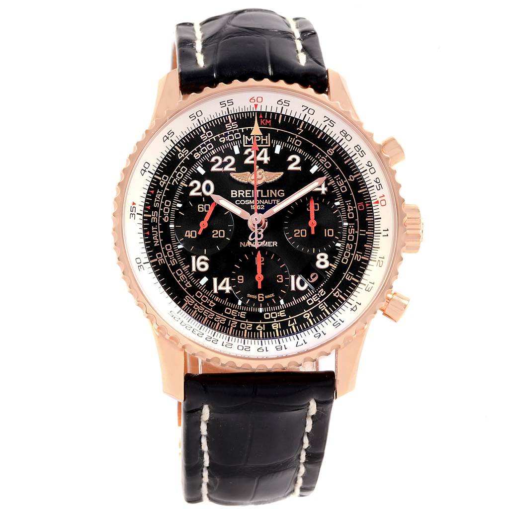 The image shows a front view of a Breitling Navitimer RB0210 Men's Rose Gold Black Dial RB0210 Men's Rose Gold Black Dial watch, showcasing its black dial, rose gold case, and black leather strap.