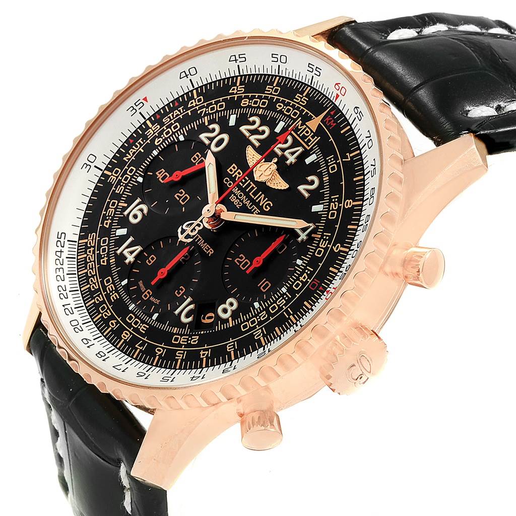 This Breitling Navitimer RB0210 Men's Rose Gold Black Dial RB0210 Men's Rose Gold Black Dial model is displayed at a three-quarter angle, showing the dial, crown, pushers, and part of the leather band.