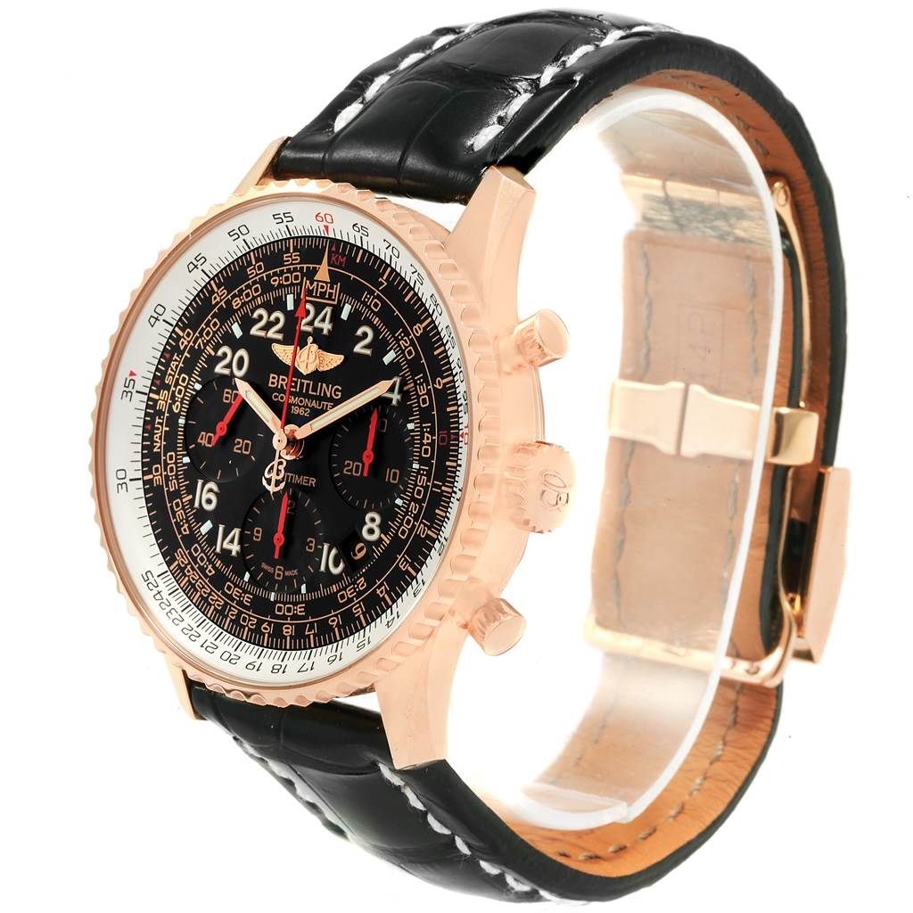 The Breitling Navitimer RB0210 Men's Rose Gold Black Dial RB0210 Men's Rose Gold Black Dial watch is shown at an oblique angle, highlighting the dial, bezel, and black leather strap.