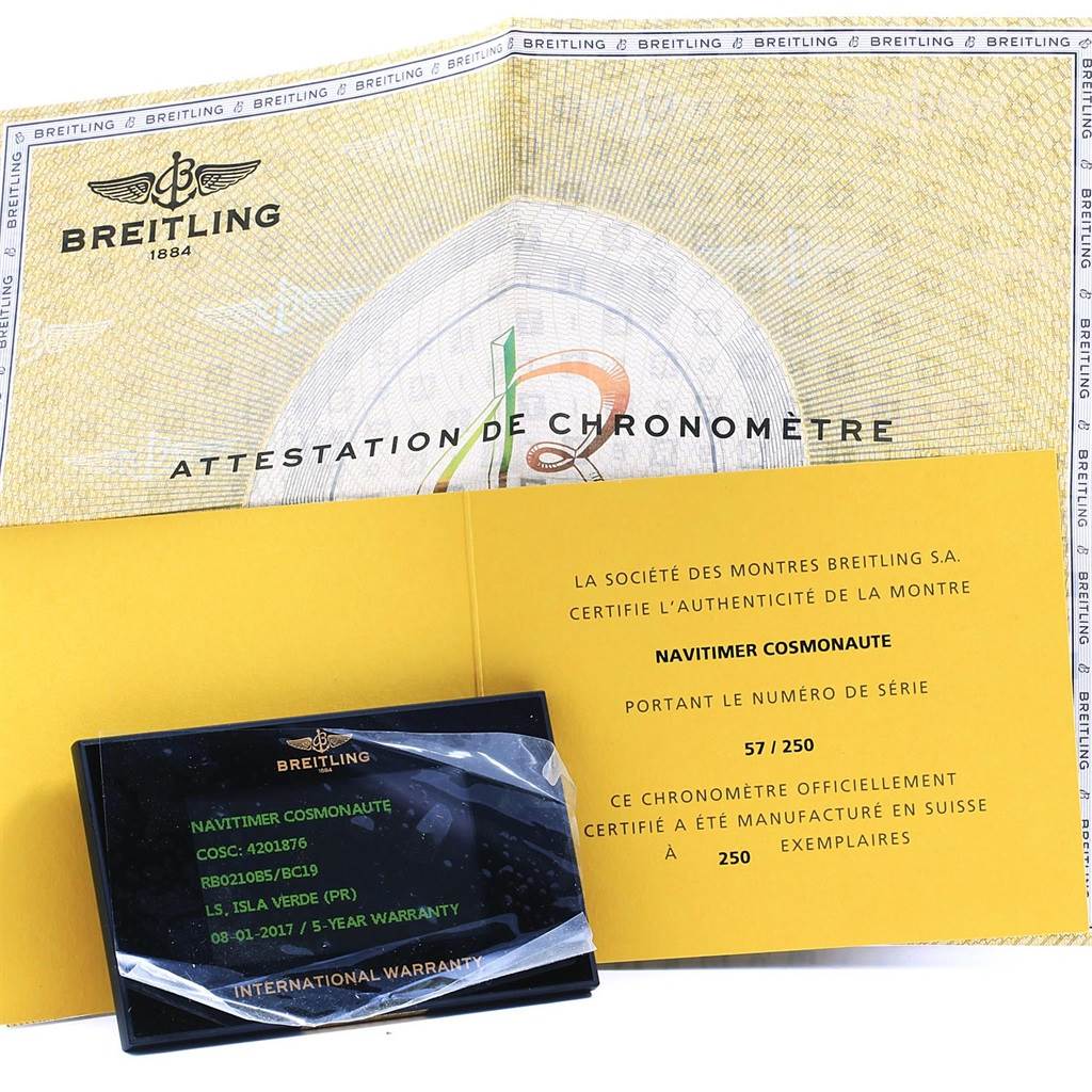 The image shows Breitling Navitimer RB0210 Men's Rose Gold Black Dial RB0210 Men's Rose Gold Black Dial documentation, including a yellow authentication certificate and a black international warranty card.