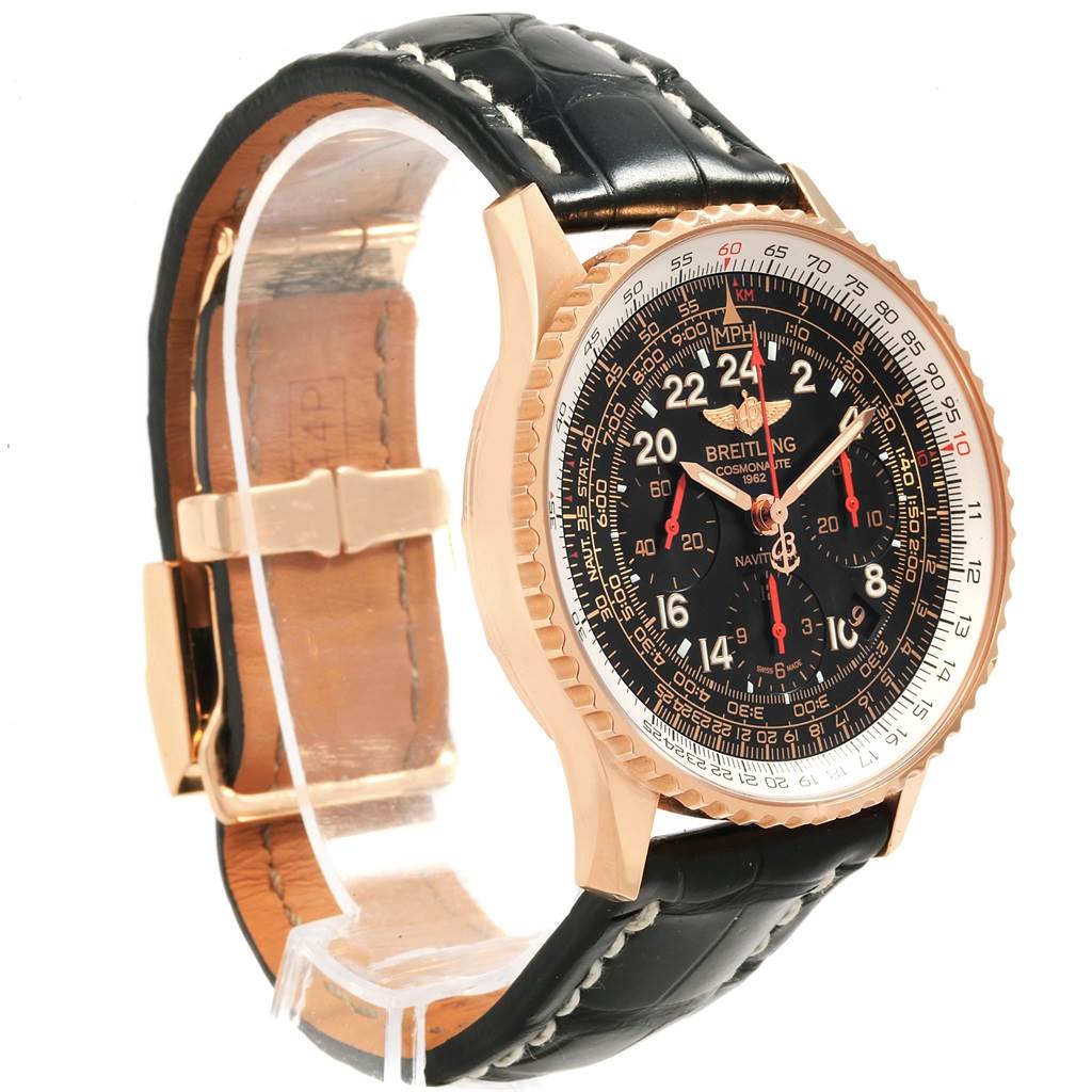 The image shows a Breitling Navitimer RB0210 Men's Rose Gold Black Dial RB0210 Men's Rose Gold Black Dial watch at a three-quarter angle, highlighting its black dial, detailed face, and black leather strap.