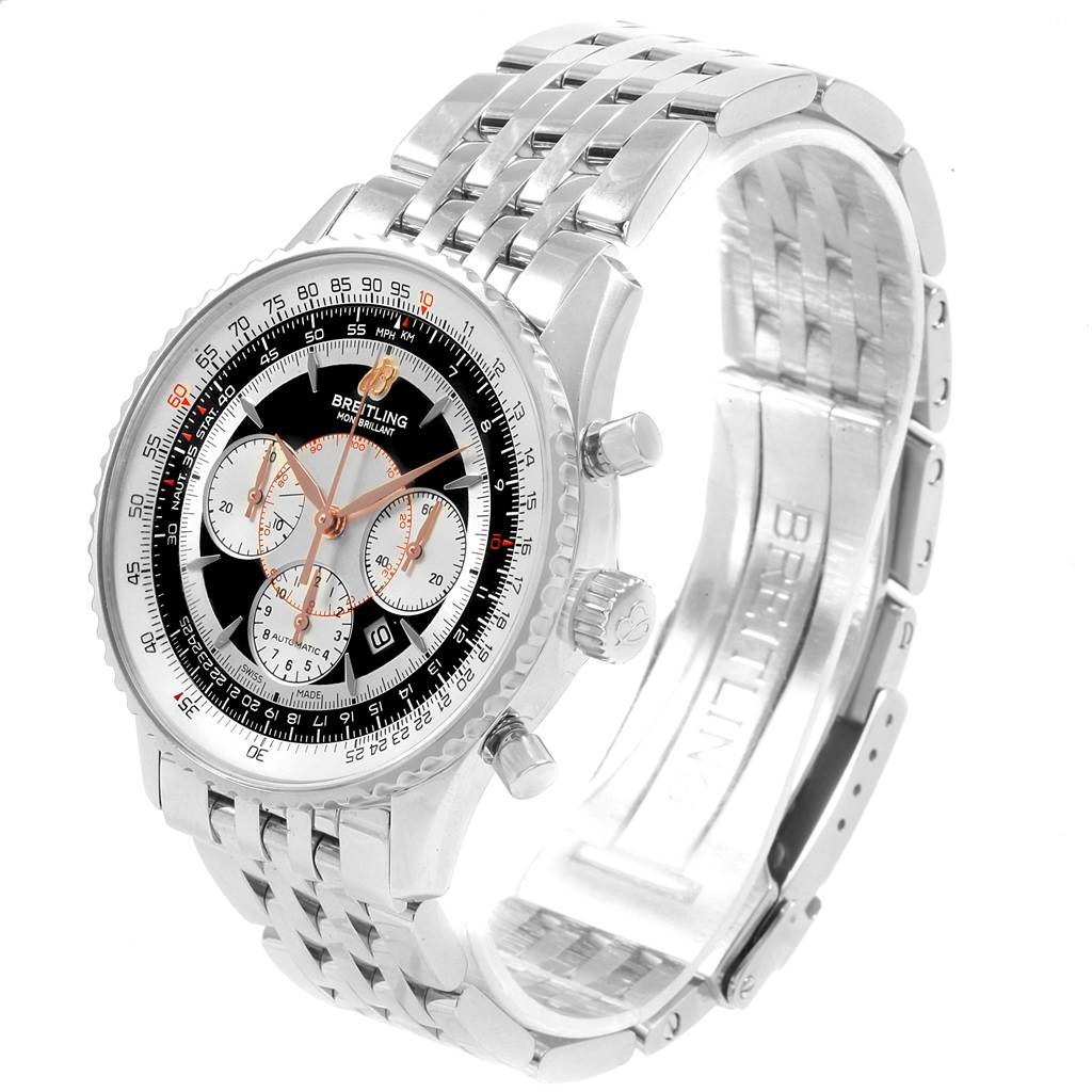 The image shows a Breitling Navitimer A41370 Men's Stainless Steel Black Dial A41370 Men's Stainless Steel Black Dial watch angled from the front left, highlighting the dial, bezel, and metal bracelet.