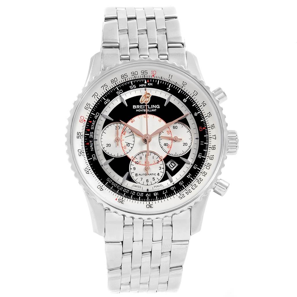 This image shows a frontal view of the Breitling Navitimer A41370 Men's Stainless Steel Black Dial A41370 Men's Stainless Steel Black Dial watch, displaying its dial, bezel, and metal bracelet.