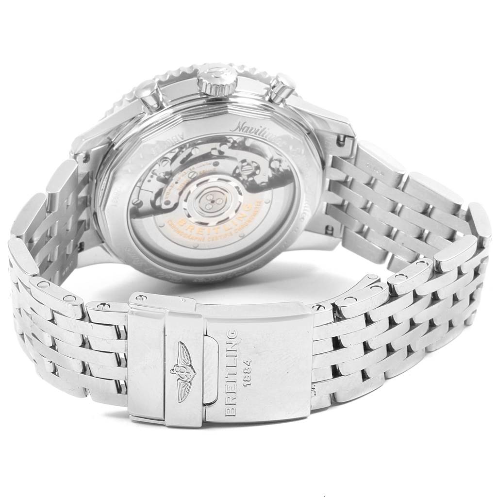 The image shows the back case and bracelet of a Breitling Navitimer AB0125 Men's Stainless Steel Blue Dial AB0125 Men's Stainless Steel Blue Dial watch, highlighting the movement and clasp.