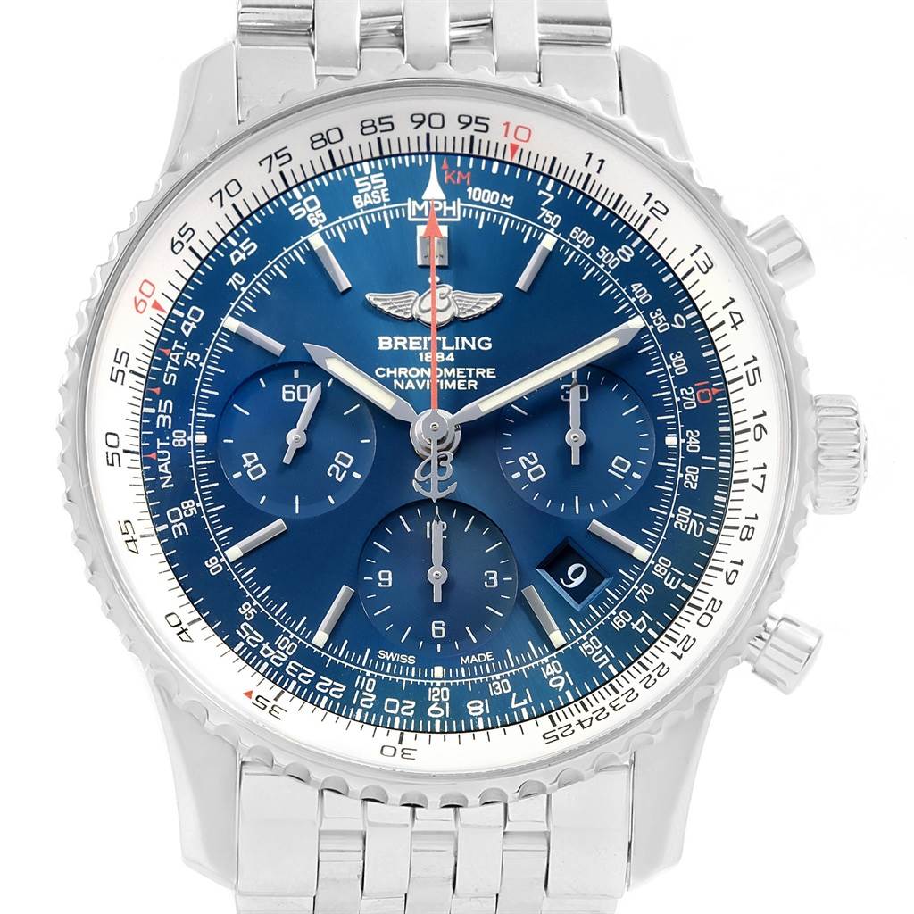 The image shows a front angle of a Breitling Navitimer AB0125 Men's Stainless Steel Blue Dial AB0125 Men's Stainless Steel Blue Dial watch displaying the dial, subdials, bezel, and bracelet.