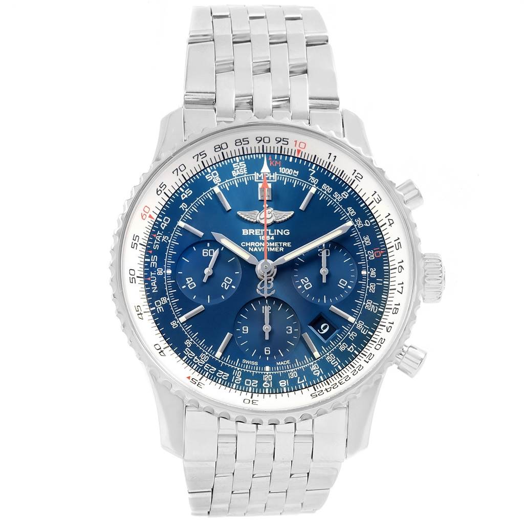 The image shows a front angle of the Breitling Navitimer AB0125 Men's Stainless Steel Blue Dial AB0125 Men's Stainless Steel Blue Dial watch, displaying its blue dial, chronograph sub-dials, and stainless steel bracelet.