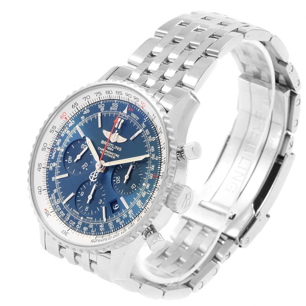 The image shows a Breitling Navitimer AB0125 Men's Stainless Steel Blue Dial AB0125 Men's Stainless Steel Blue Dial watch angled to display the face, crown, chronograph buttons, and part of the metal bracelet.
