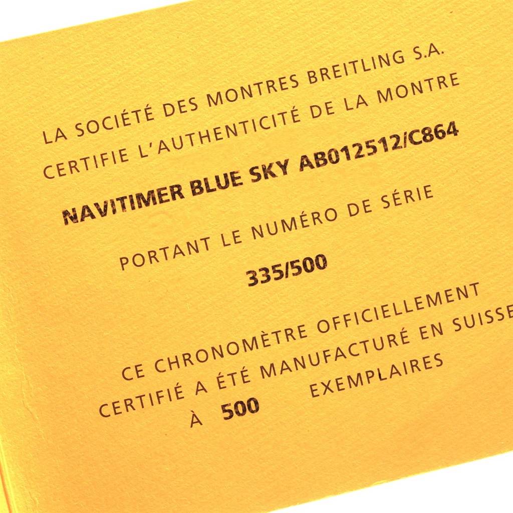 This image shows a close-up of the authenticity certificate for the Breitling Navitimer AB0125 Men's Stainless Steel Blue Dial AB0125 Men's Stainless Steel Blue Dial Blue Sky model, serial number 335/500.