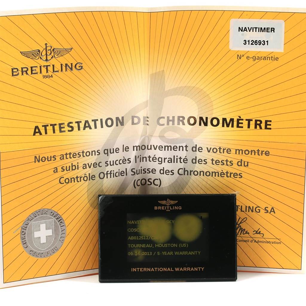 The image shows Breitling Navitimer AB0125 Men's Stainless Steel Blue Dial AB0125 Men's Stainless Steel Blue Dial model certificates and a warranty card.
