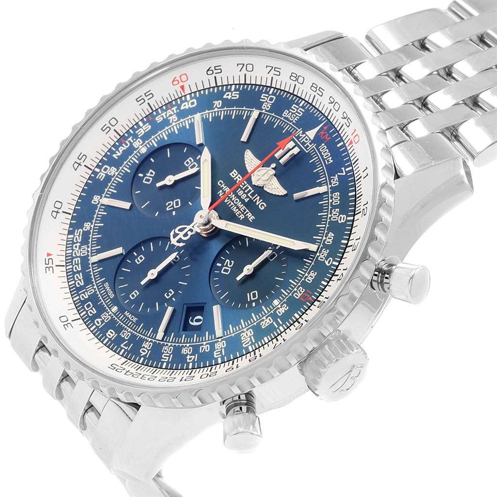 The image shows a Breitling Navitimer AB0125 Men's Stainless Steel Blue Dial AB0125 Men's Stainless Steel Blue Dial watch at a slight angle, highlighting the blue dial, chronograph subdials, bezel, and bracelet.