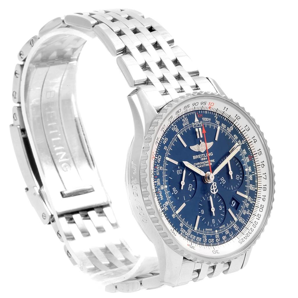 The image shows a partial side and frontal view of a Breitling Navitimer AB0125 Men's Stainless Steel Blue Dial AB0125 Men's Stainless Steel Blue Dial watch, highlighting its bracelet and dial features.